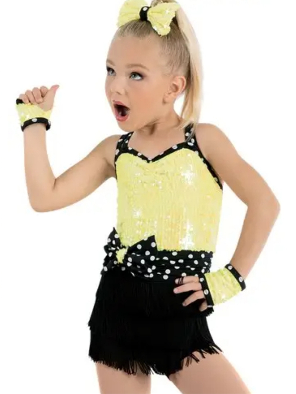 Weissman Girls SC Yellow Sequin & Black Fringe Biketard Dance Costume